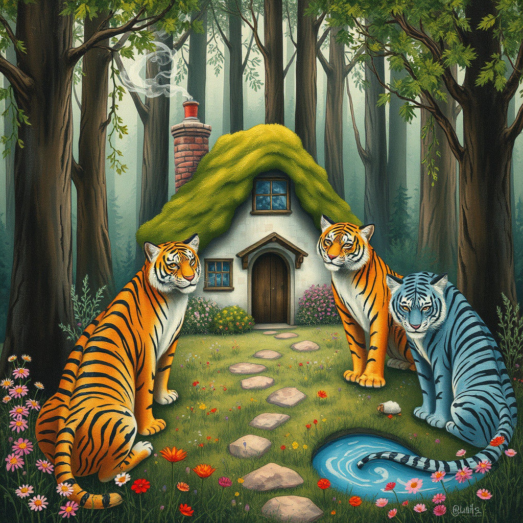 Enchanted Cottage Guarded by Elemental Tigers, Gouache Paint...