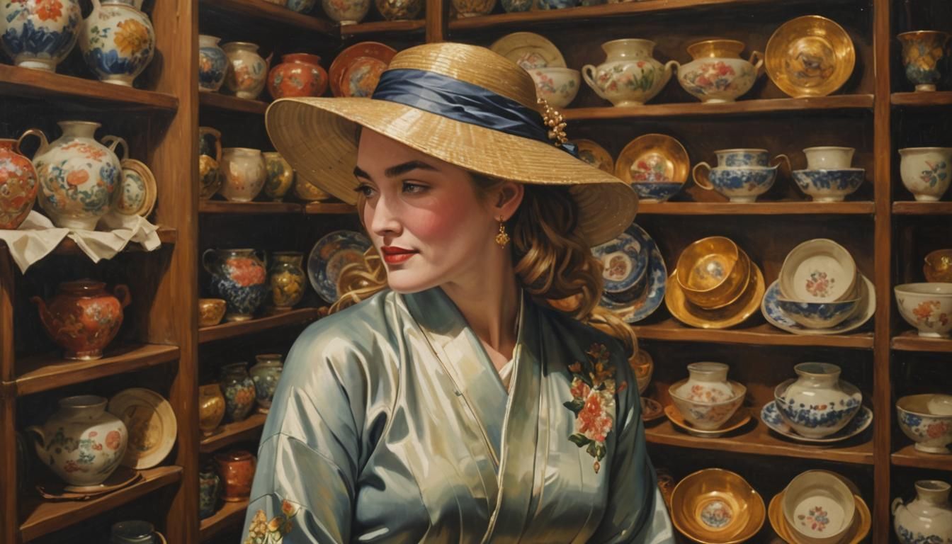 Kimono Portrait in Ceramics Shop, 1950s Oil Painting