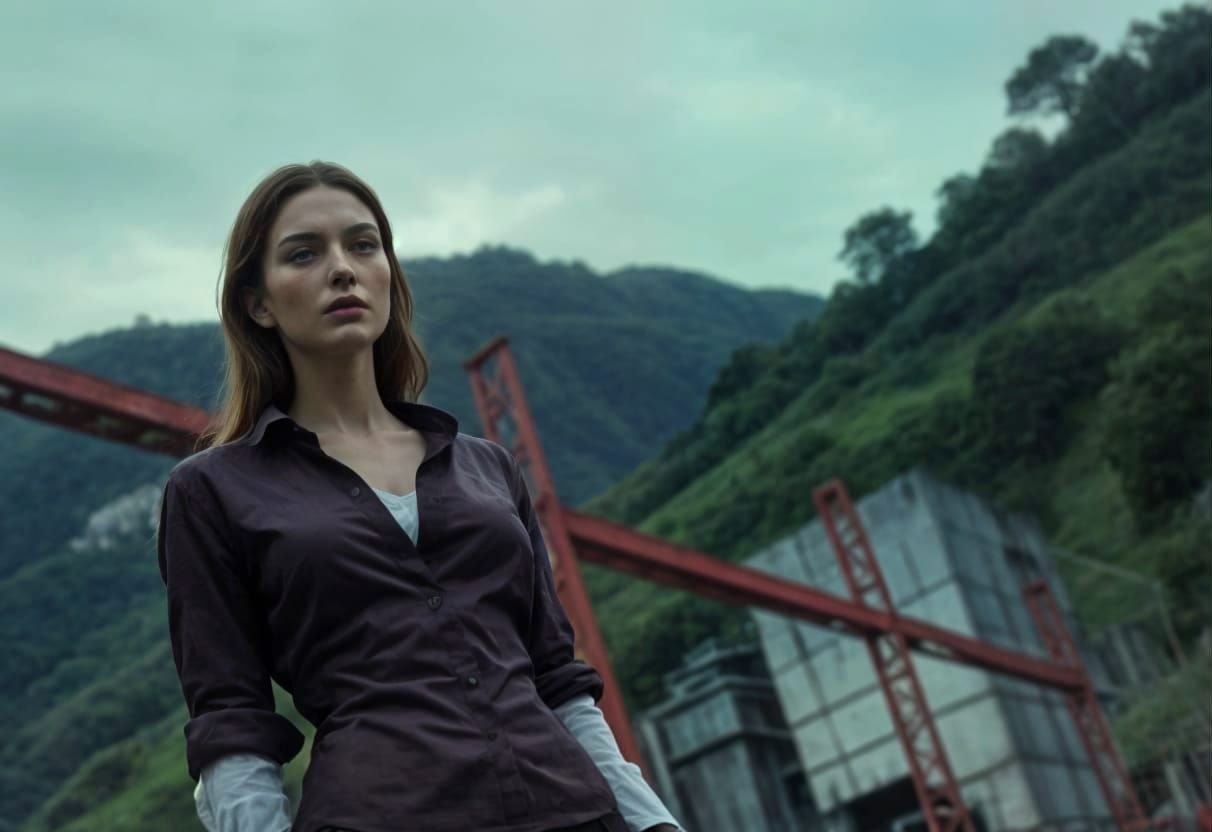 Elegant Woman in Male Attire Amidst Green Hills and Steel St...