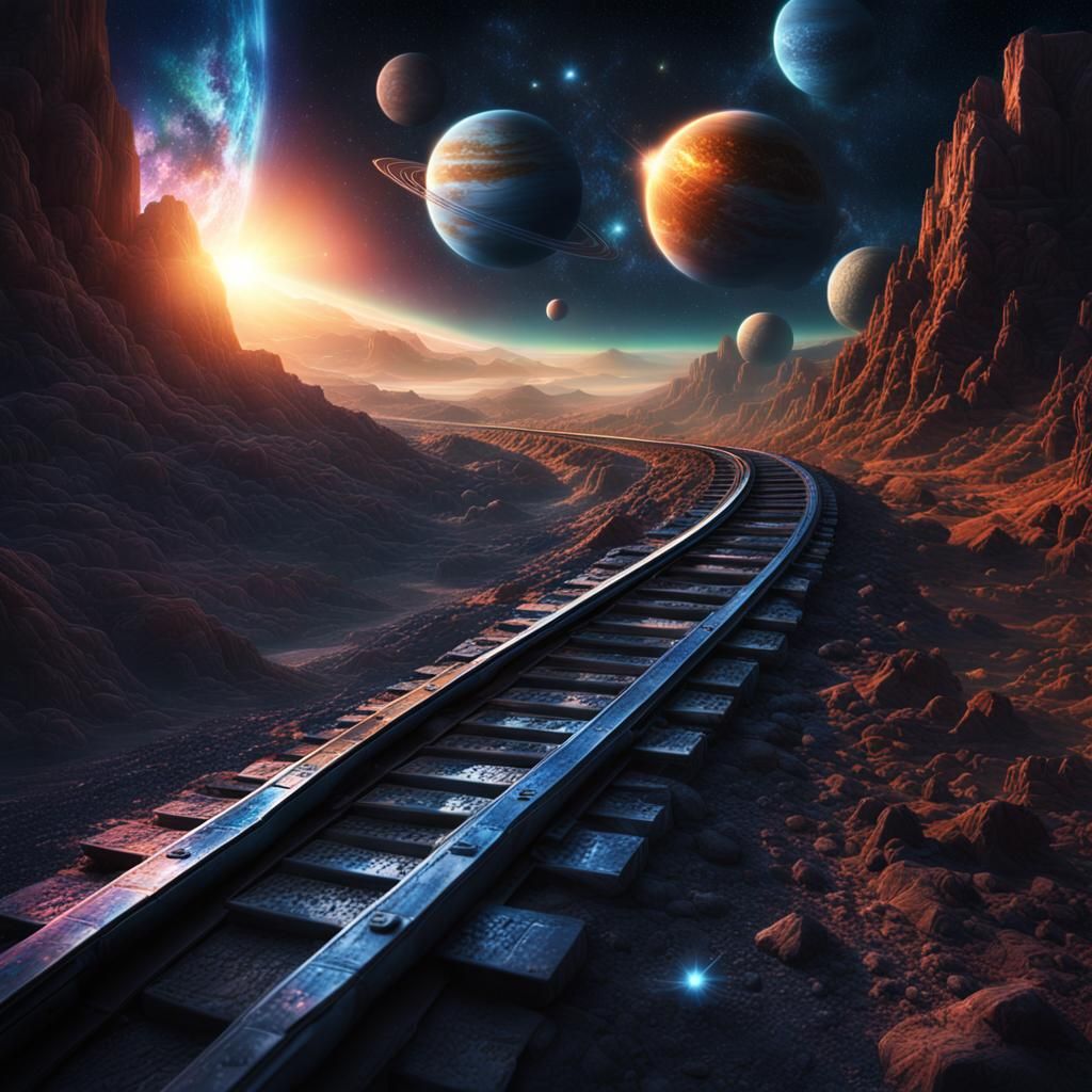 Iridescent Railway Connects Planets in Digital Painting
