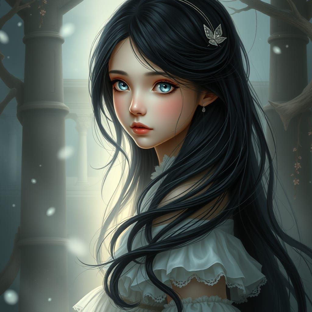 Ethereal Girl with White Eyes in Dreamlike Landscape
