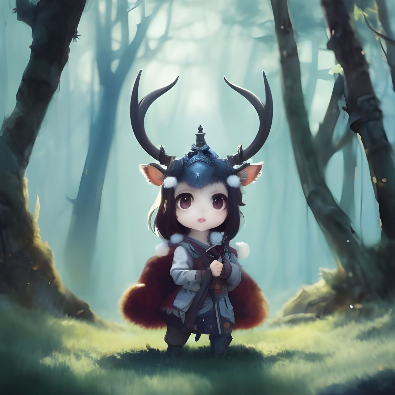 Chibi Antelope Knight in Forest, Digital Matte Painting