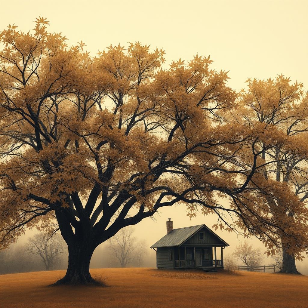 Serene Maple Landscape with Rustic House