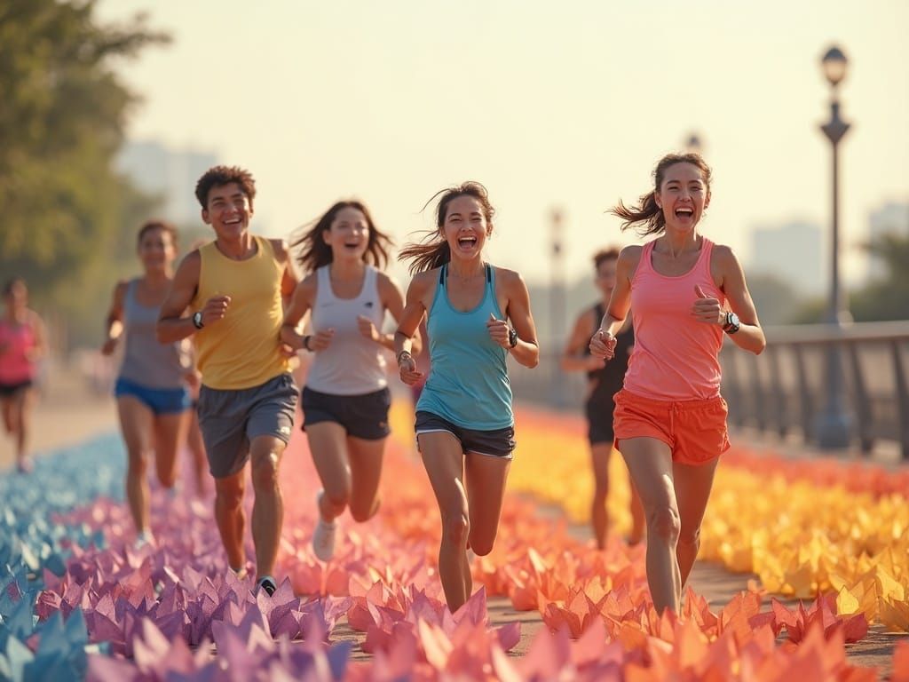 Runners at Marina Barrage in Whimsical Origami Style
