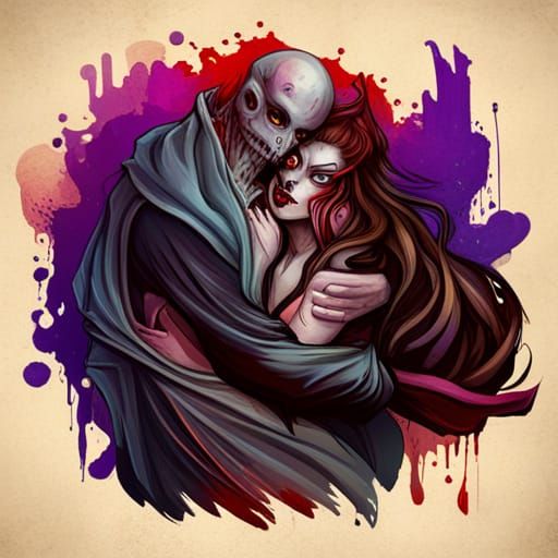 Lich and Vampire Embrace in Graffiti Art Style