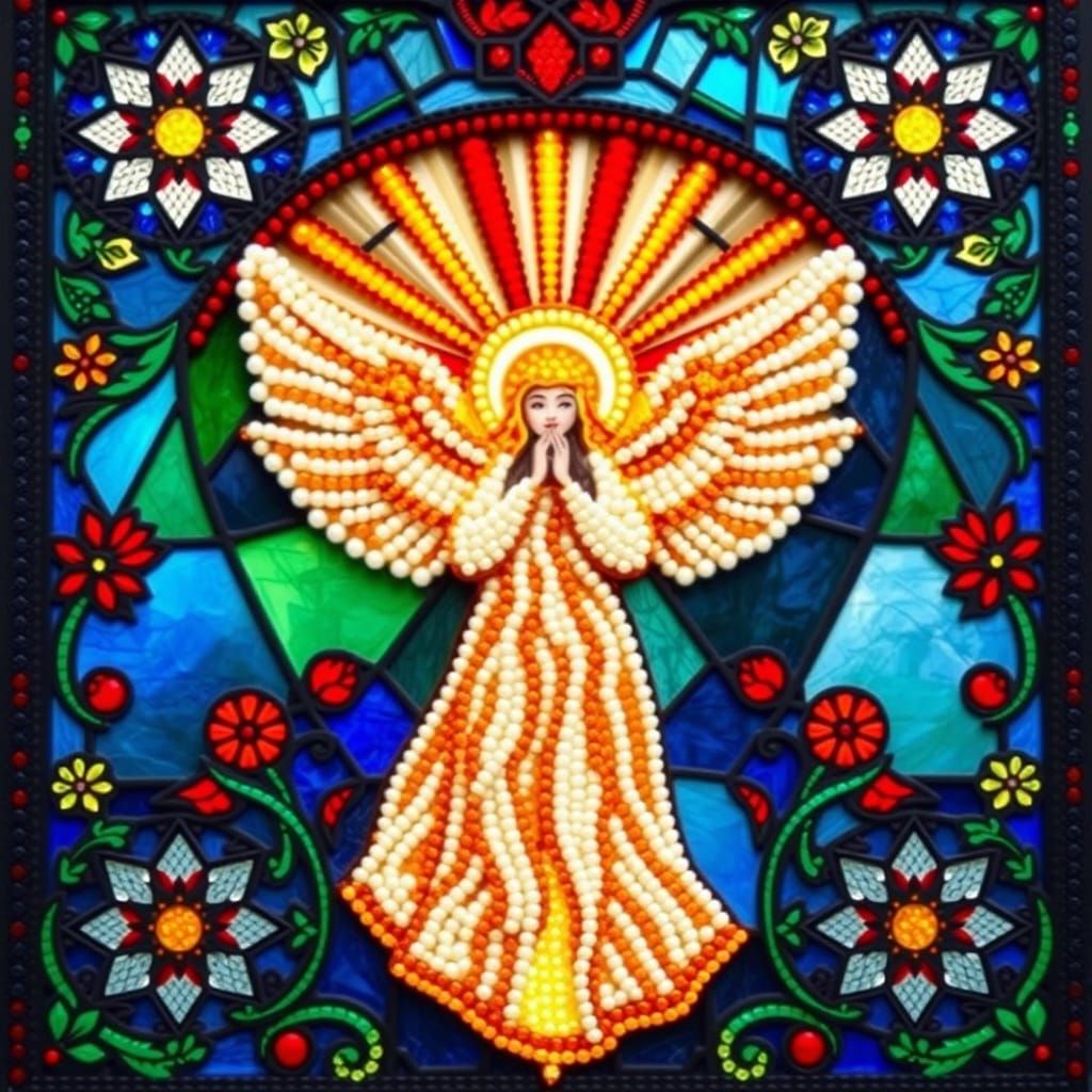 Radiant Angel Stained Glass Window in Bead Mosaic Style