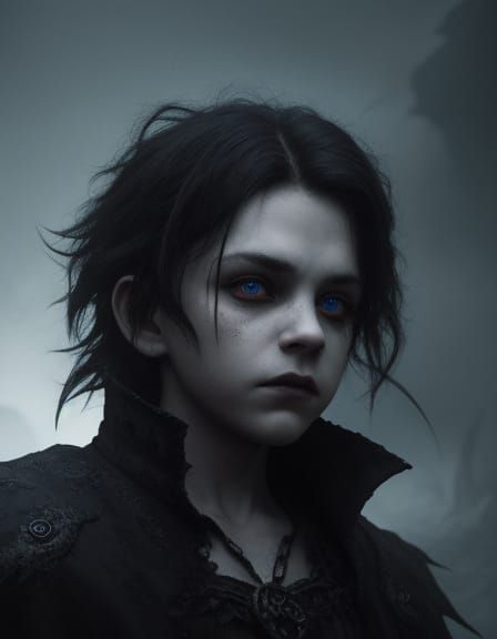 Gothic Boy With Monster in Misty Atmosphere