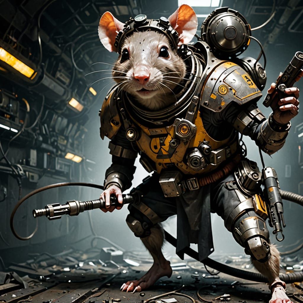 Cyberpunk Rat Hunter in Abandoned Spaceship