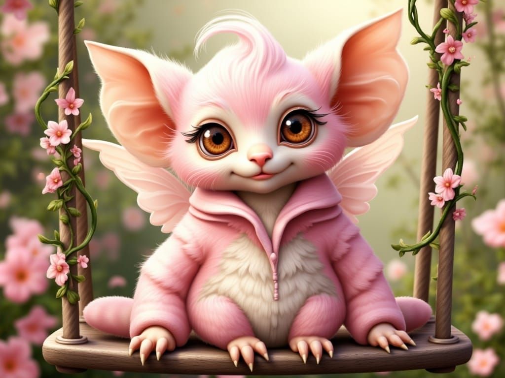 Whimsical Pink Gremlin in a Charming Fantasy Scene