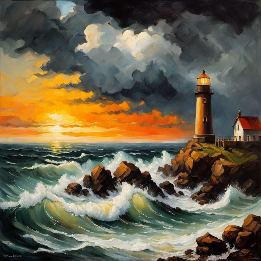 Stormy Seas: Lighthouse Painting in Romantic Realism