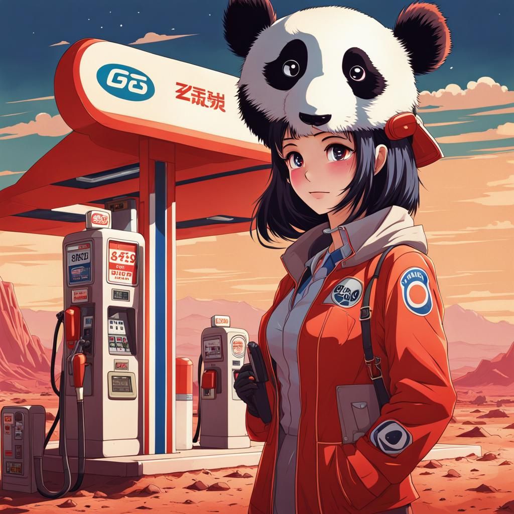 Anime Panda Girl at Retro Gas Station on Mars