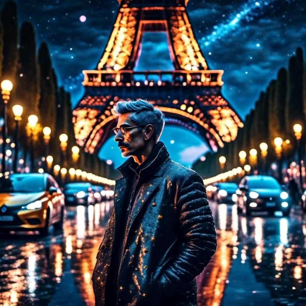 Parisian Night: Golden Eiffel Tower in Impressionist Style