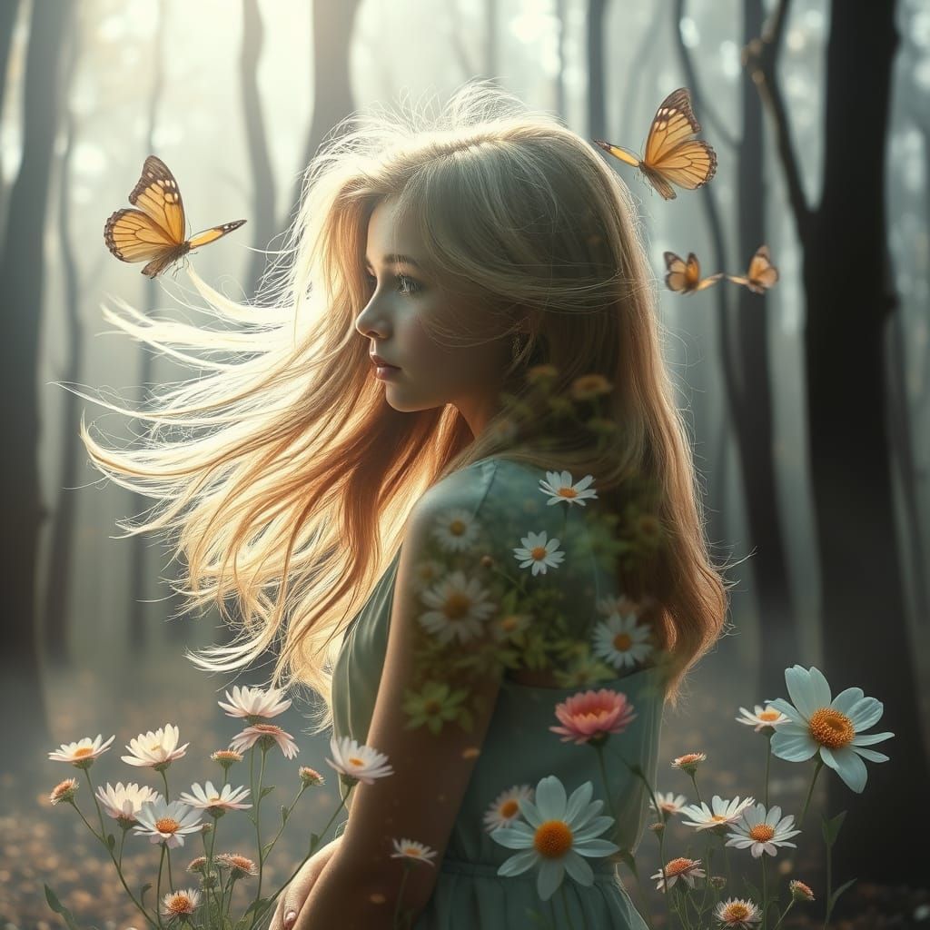 Ethereal Double Exposure Portrait in Impressionistic Surreal...