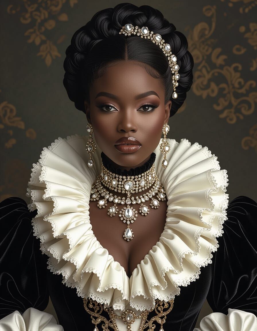 Baroque Velvet Gown Portrait with Ruffle Accents