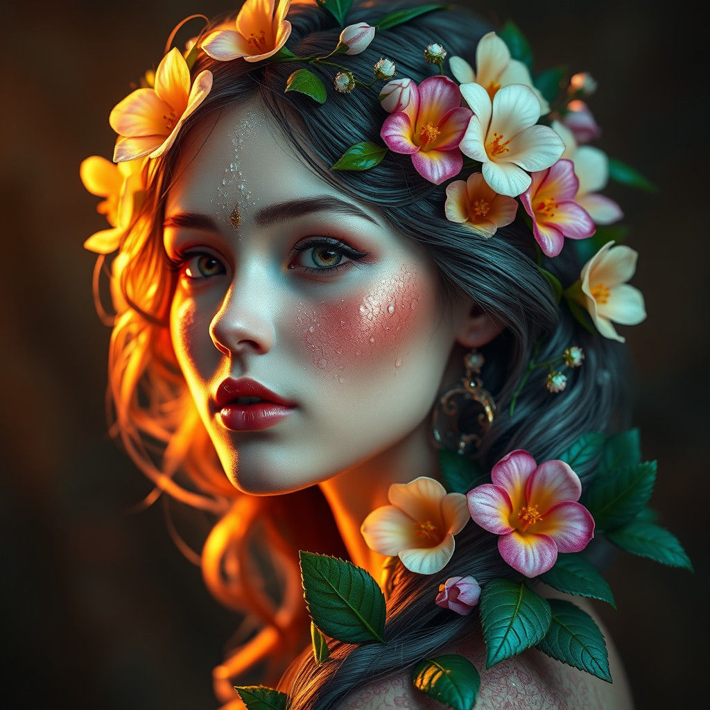 Ethereal Flower Girl Portrait in Art Nouveau Style