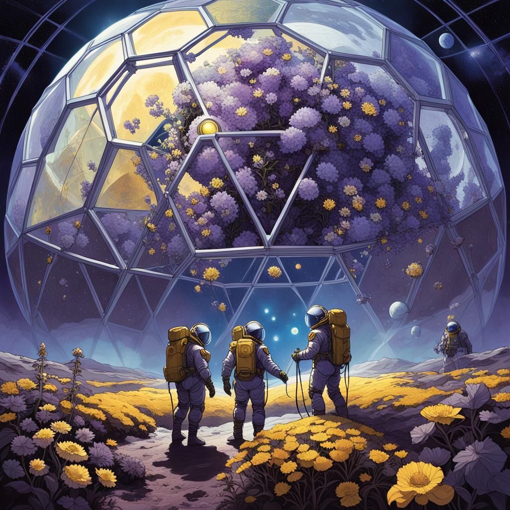 Lunar Greenhouse: Flowers in a Dome, Dark Fantasy Art
