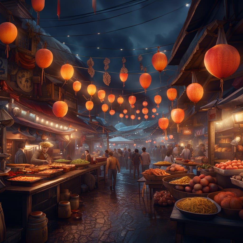 Fantastical Food Night Market in Detailed Digital Painting
