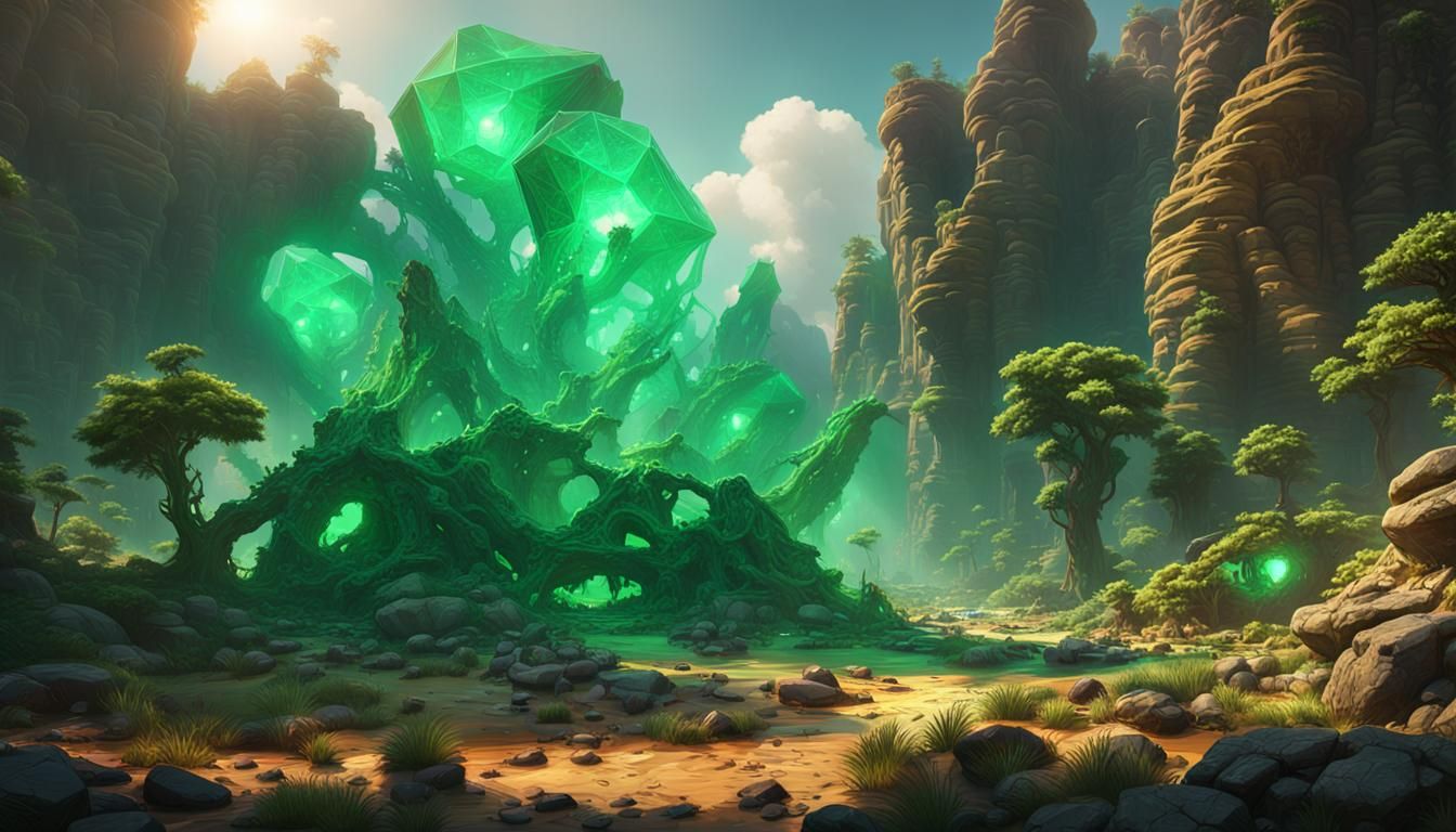 Emerald and Sapphire Rocks in Dark Fantasy Landscape