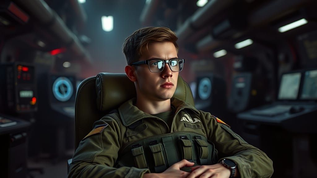 Soldier in Dimly Lit Military Base Control Room