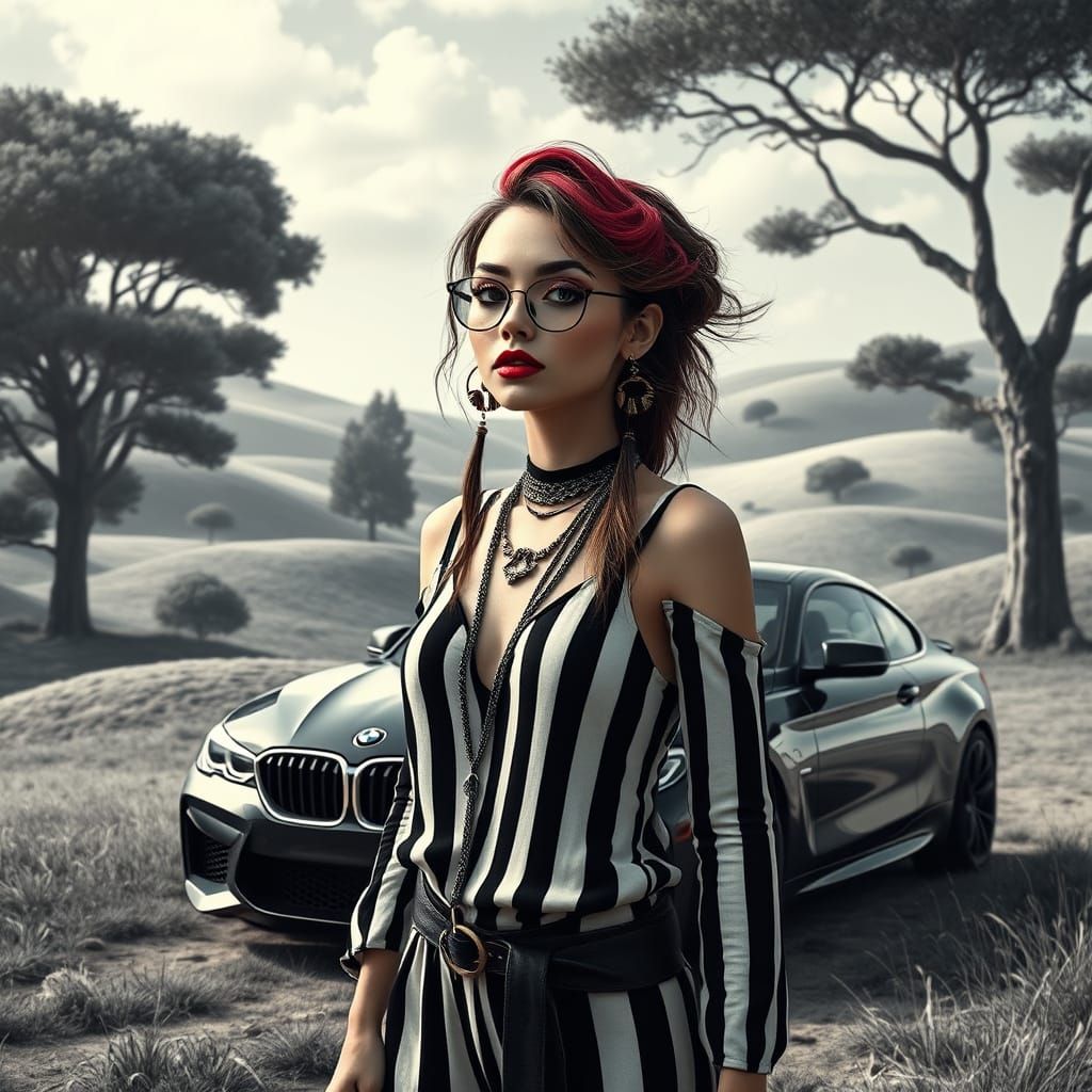 Surreal Woman in Whimsical Landscape with Striped Attire