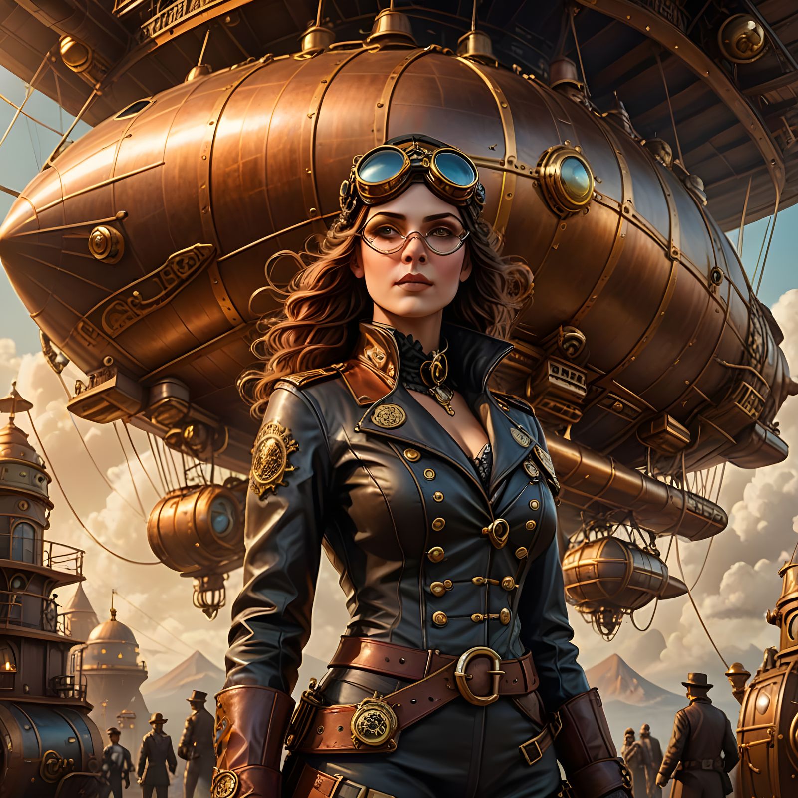 Elegant Steampunk Pilot Stands Beside Her Majestic Airship