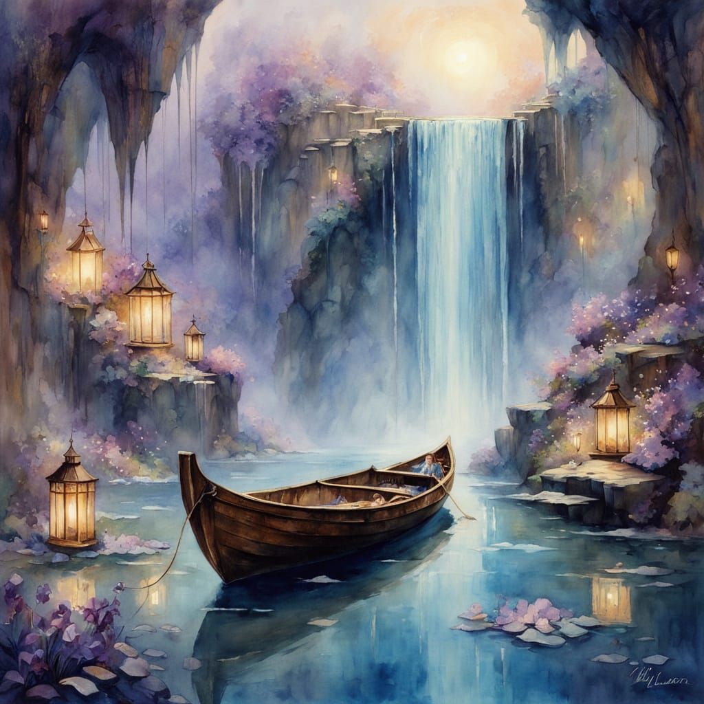 Ethereal Watercolor Scene of Love in a Whimsical Lagoon