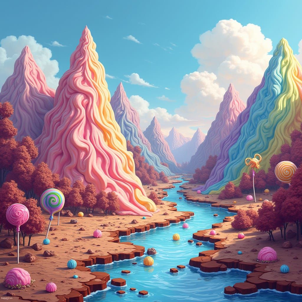 Whimsical Ice Cream Mountain Landscape in Comic Style