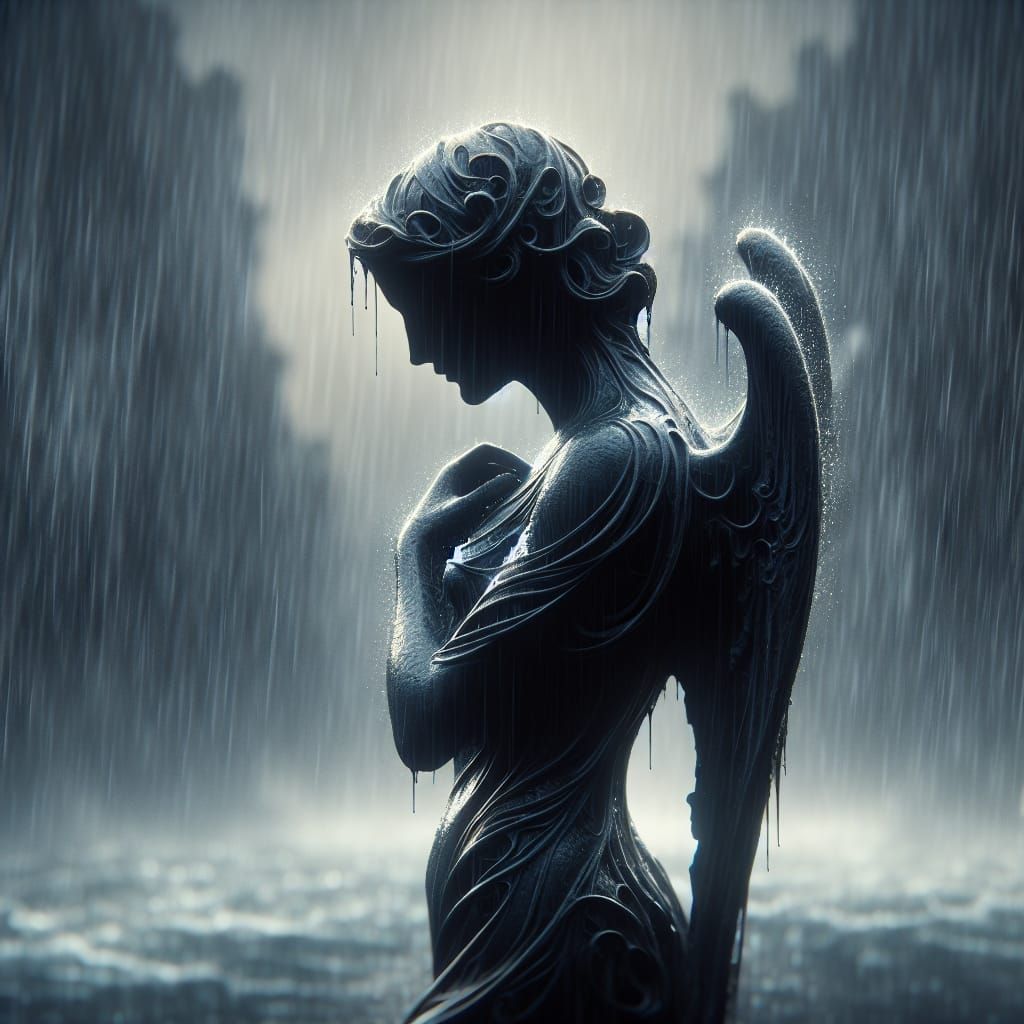 Grieving Statue in Rain: Digital Matte Painting