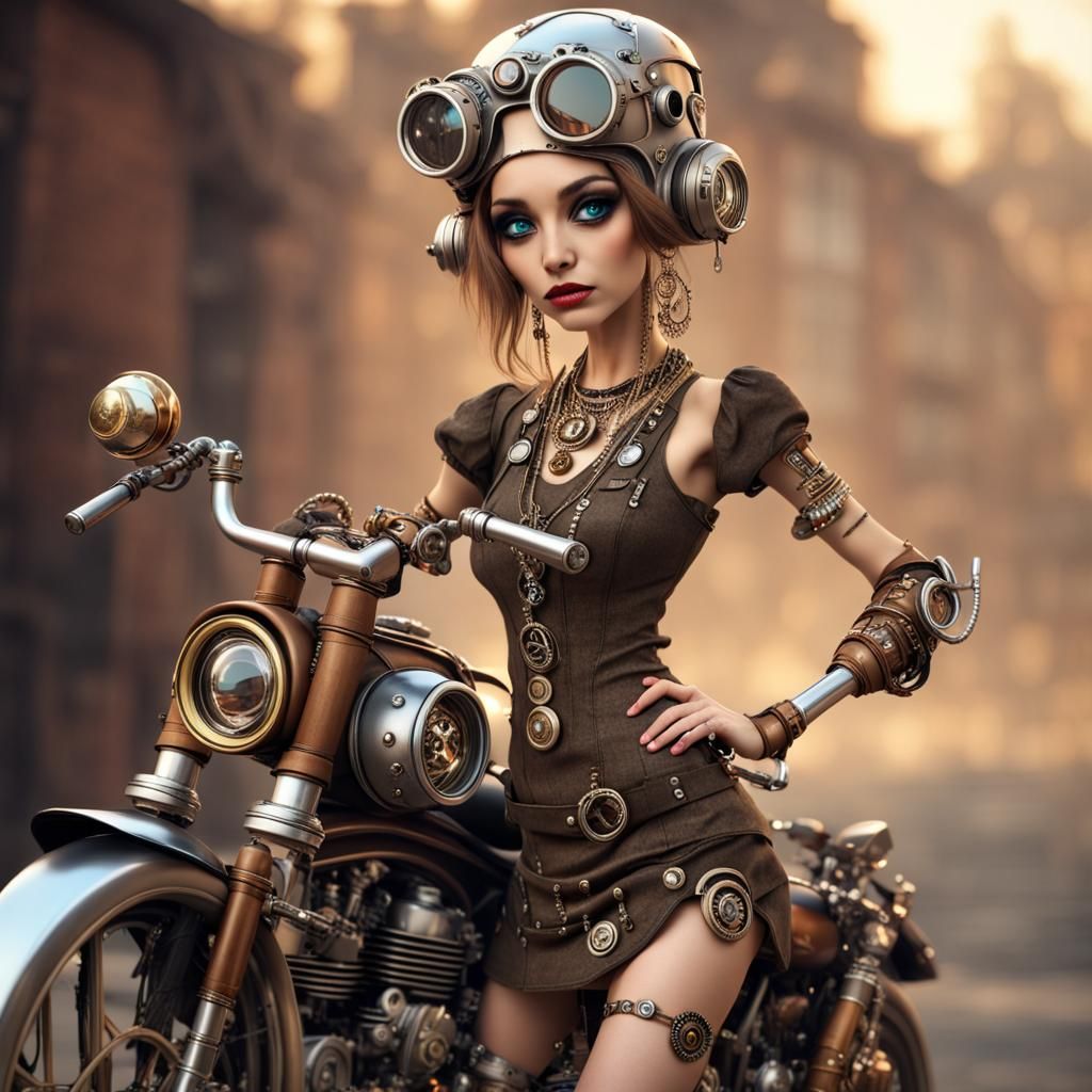 Cute Steampunk Robot Girl Beside Motorcycle in 3D