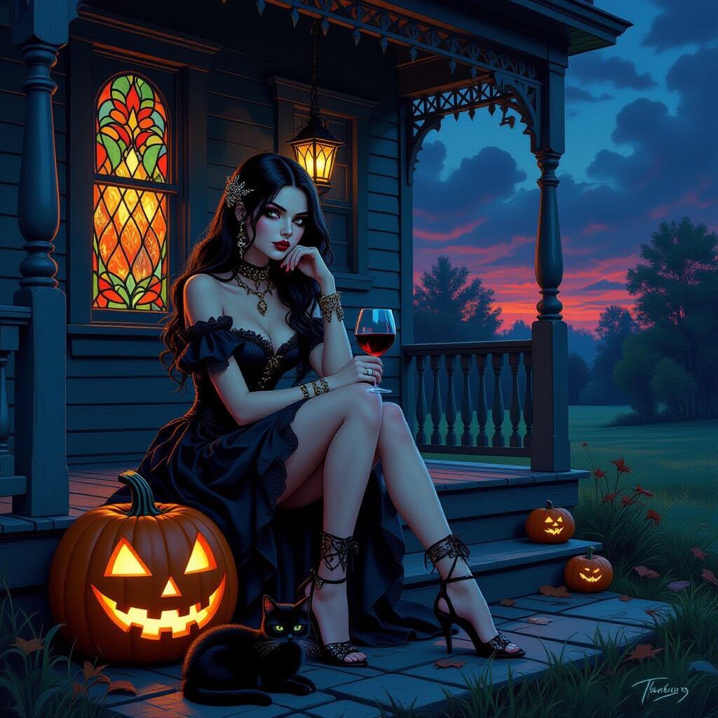 Gothic Girl on Halloween Porch with Jack-o'-Lantern