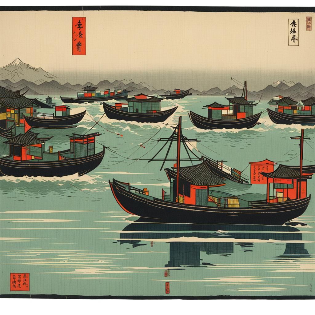 Edo Era Japanese Woodcut of Fishing Boats