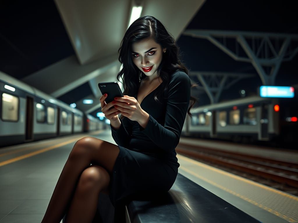 Ethereal Vampire Woman in Modern Train Station