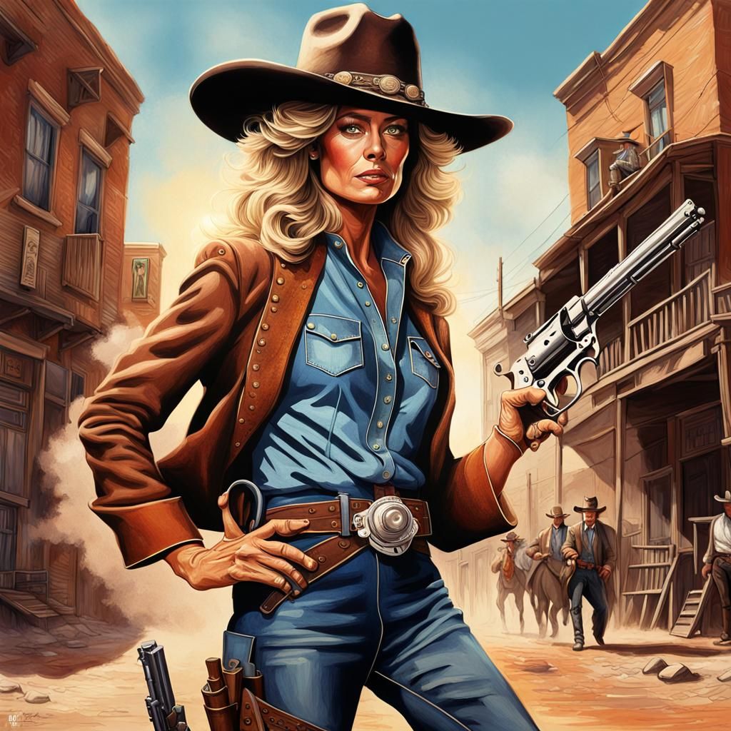 Farrah Fawcett as a Hyperrealistic Western Gunfighter