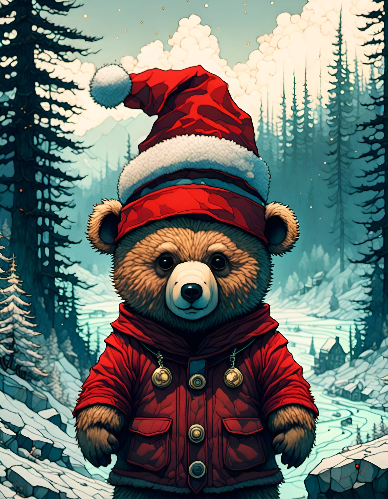 Cute Teddy Bear in Santa Hat: Digital Illustration