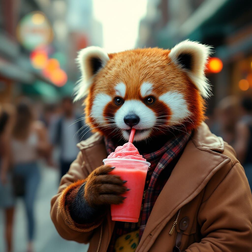 Red Panda Sipping Slush in City, Cinematic Style