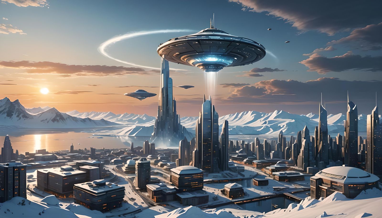 Arctic Metropolis with UFOs in Hyperrealistic Style