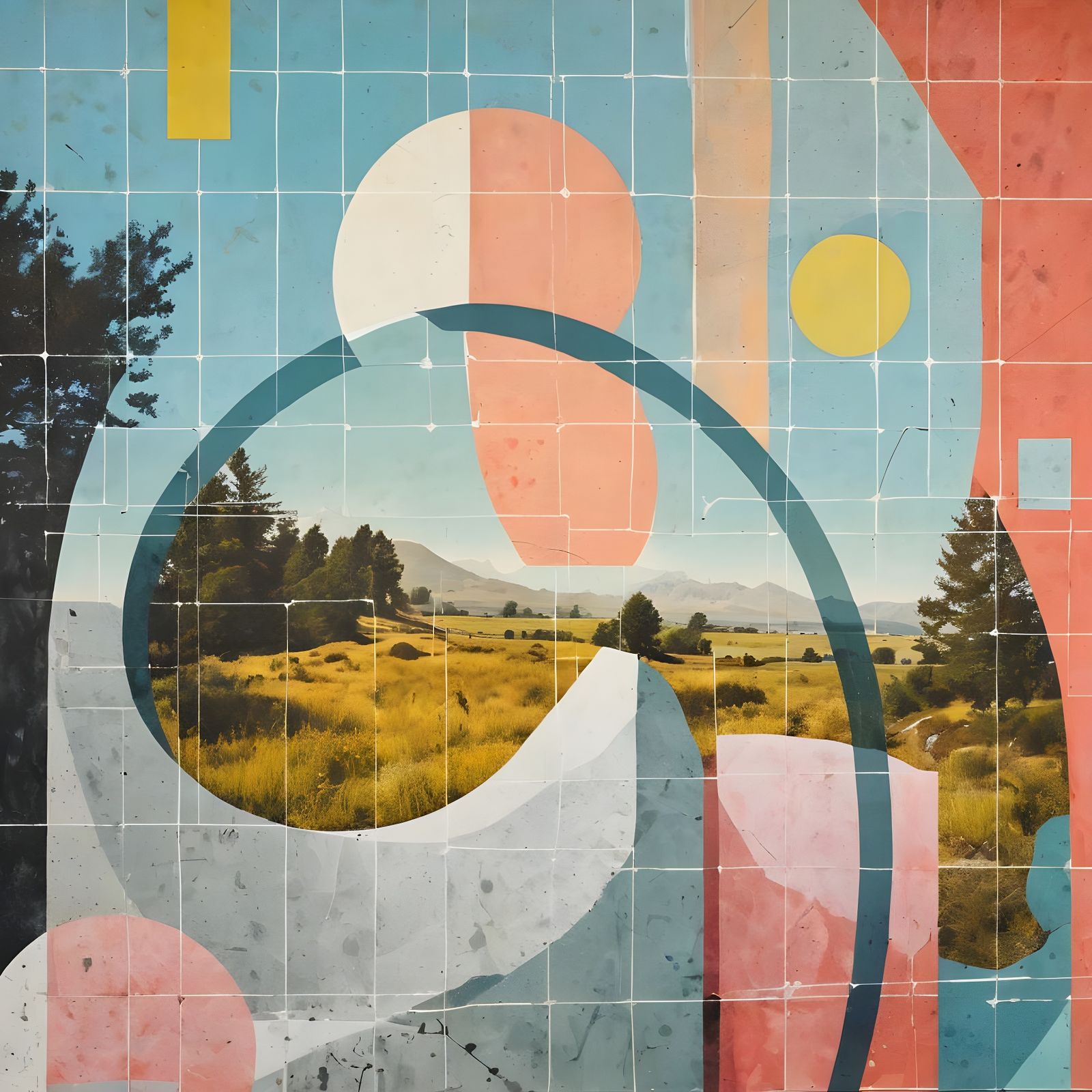 Halftone Landscape with Grid Overlay