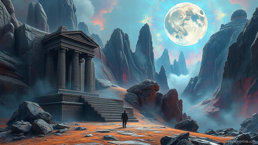 Mystical Exoplanet Landscape with Ancient Temples