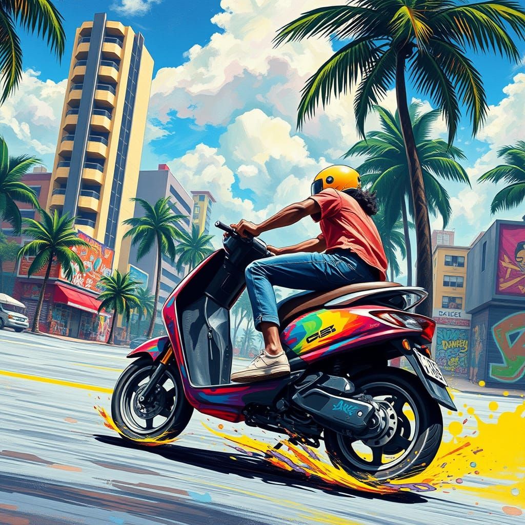 Rider in Tropical Cityscape, Inspired by Akira