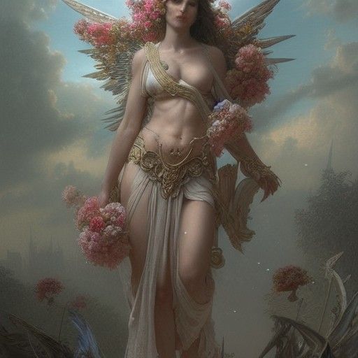 Goddess Warrior with Floral Wings, Hyperdetailed Art