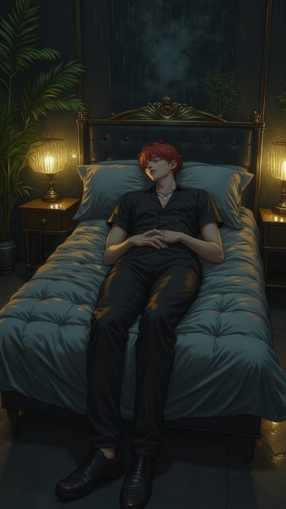 Young Man Lying on Bed in Eerie Room