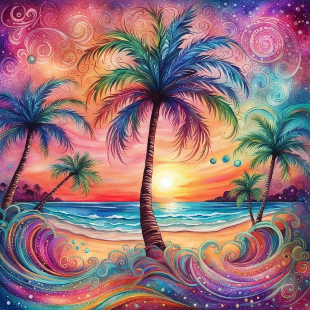Enchanted Tropical Beach at Sunset in Watercolor