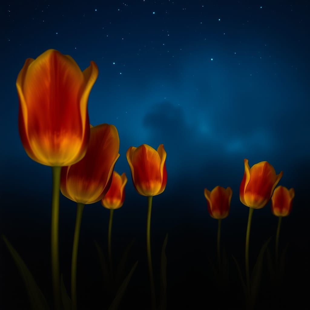 Surreal Tulips Bloom Under Celestial Fog