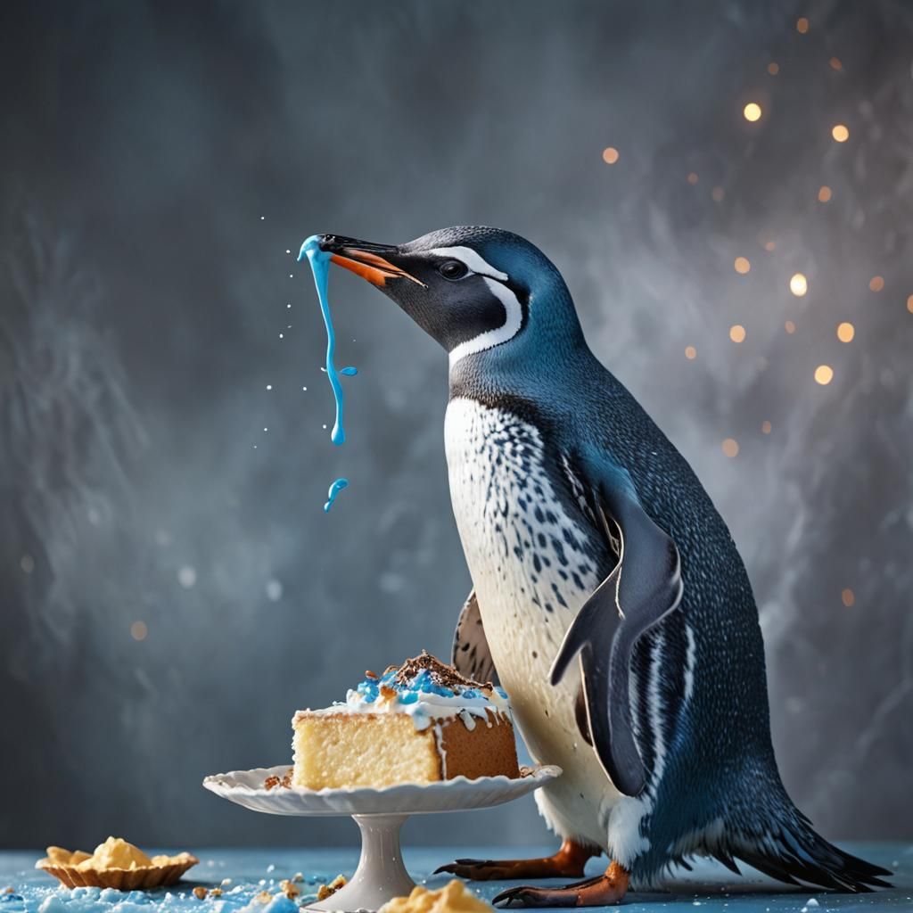 Blue Penguin Eating Cake in Macro Photography