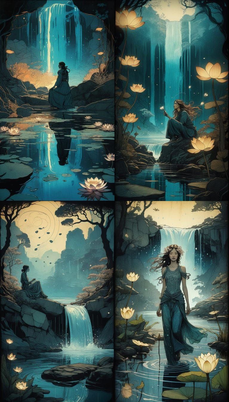 Ethereal Comic Art Triptych with Art Nouveau Portrait