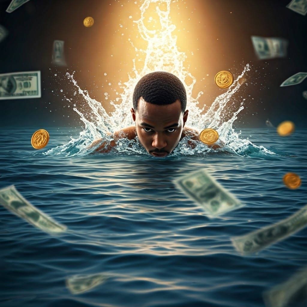 Man Swimming in Pool of Money: Photorealistic Image