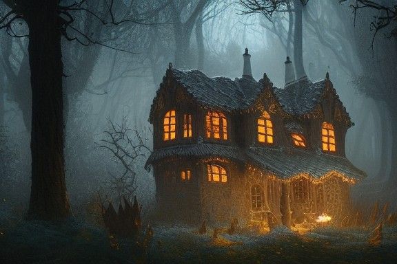 Gingerbread House in Dark Forest, Fantasy Art