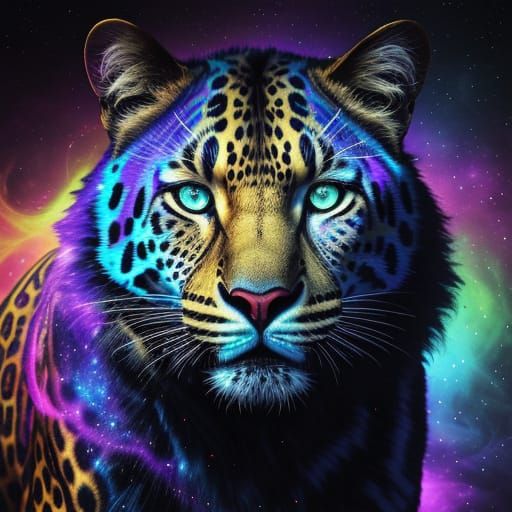 Surreal Leopard Portrait in Cosmic Colors