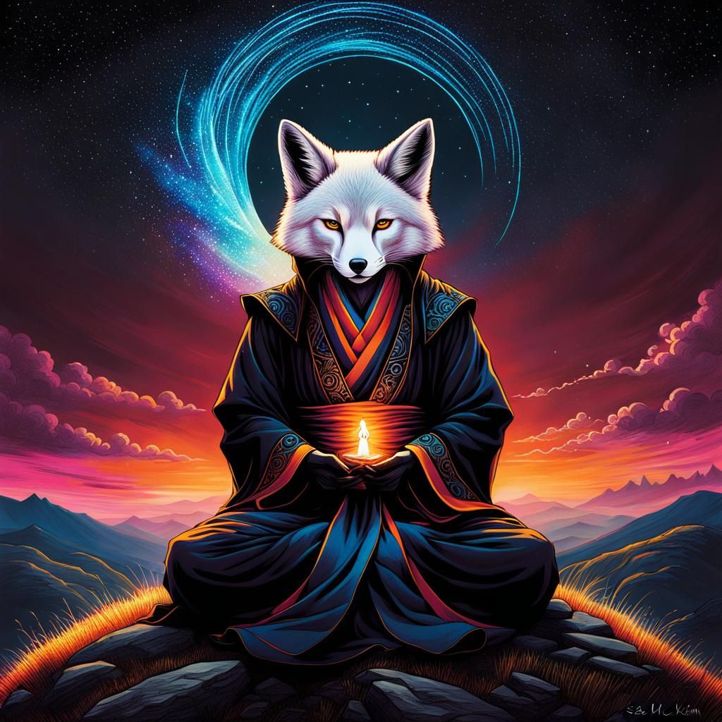 Kitsune Wizard Meditating Under Vivid Stars