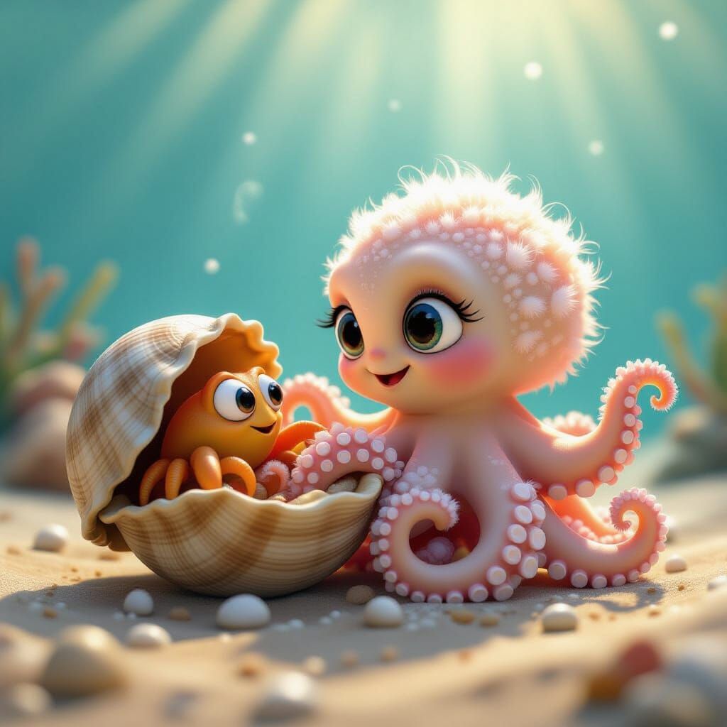 Fluffy Octopus Befriends Hermit Crab in Pixar Style